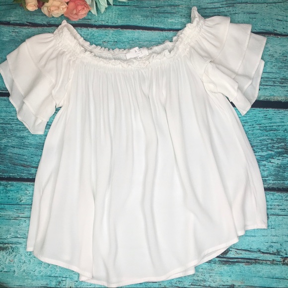 ASTR White Boho Ruched Neck Off Shoulder Blouse - Picture 2 of 5
